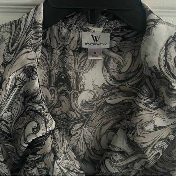 Worthington Ruffled Button Down Black/White Patterned Blouse w/ Waist Tie, Small - Picture 2 of 6